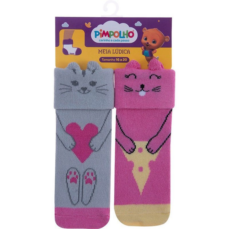 Kit 2 Pares Meia Lúdica 16-20 Bebê Menina Gato - Pimpolho