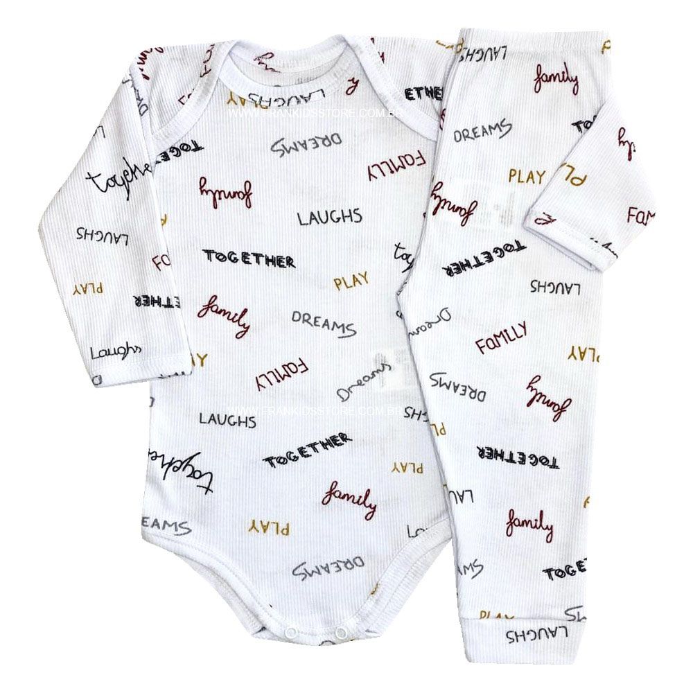 Conjunto Pijama Canelado Bebê Body e Calça Branco Escritas - Odicon