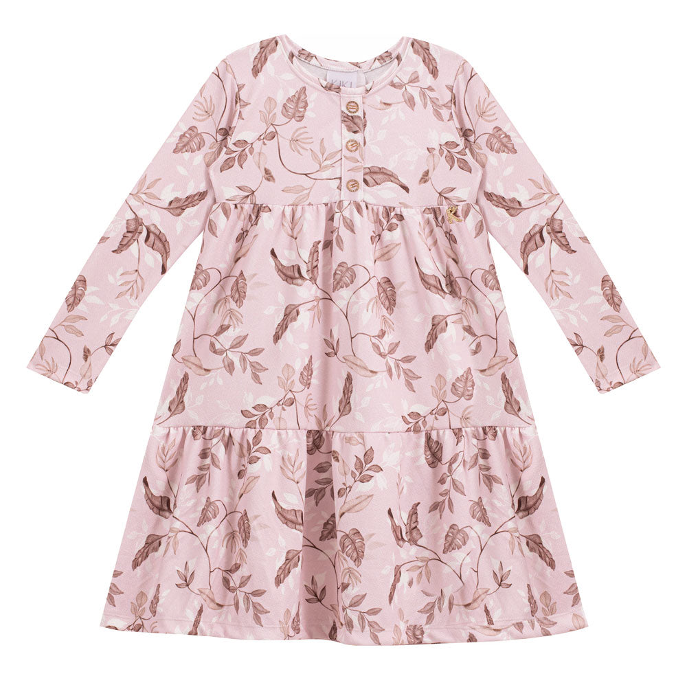 Vestido Infantil  Manga Longa Folhagens - Kiki Xodó