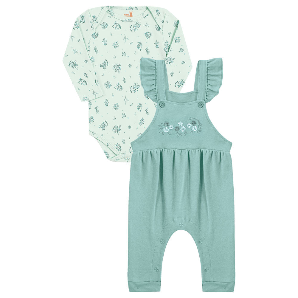 Conjunto Body e Jardineira Bebê Menina Flores - Kiko Baby