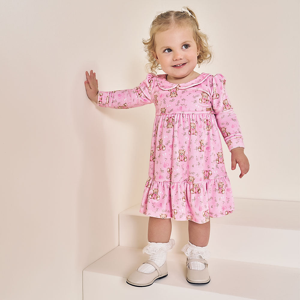 Vestido Bebê em Plush Com Gola Ursinhos - Kiko e Kika