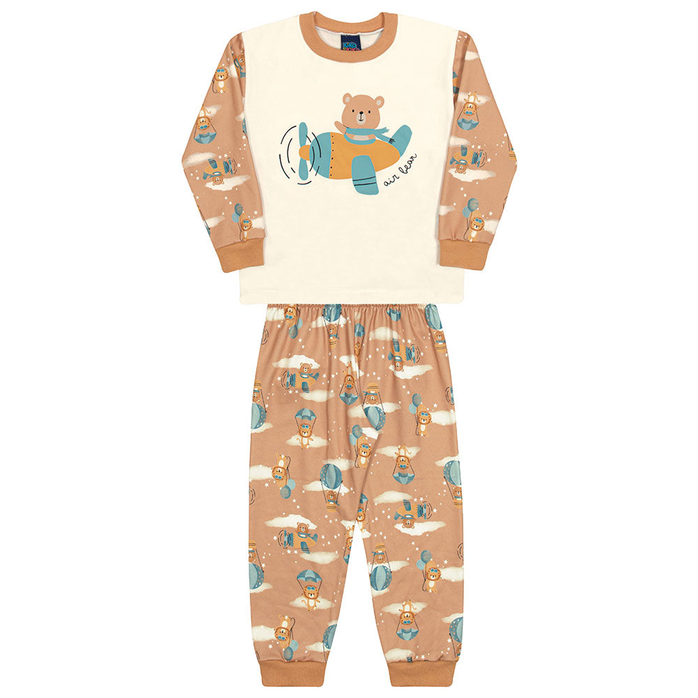 Pijama Bebê Menino Malha Térmica Urso Aviador - Kiko e Kika