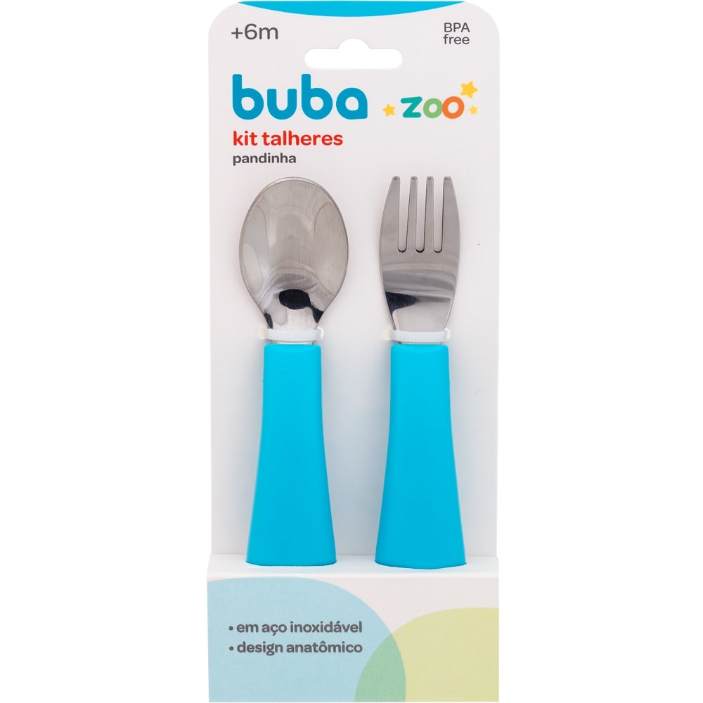 Kit Talher Bebê Colher e Garfo Buba Zoo Azul - Buba