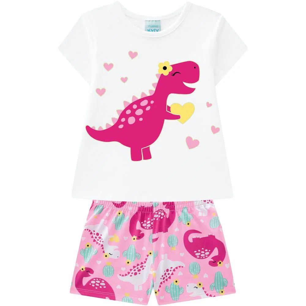 Pijama Infantil Menina Brilha no Escuro Branco Dino - Kyly