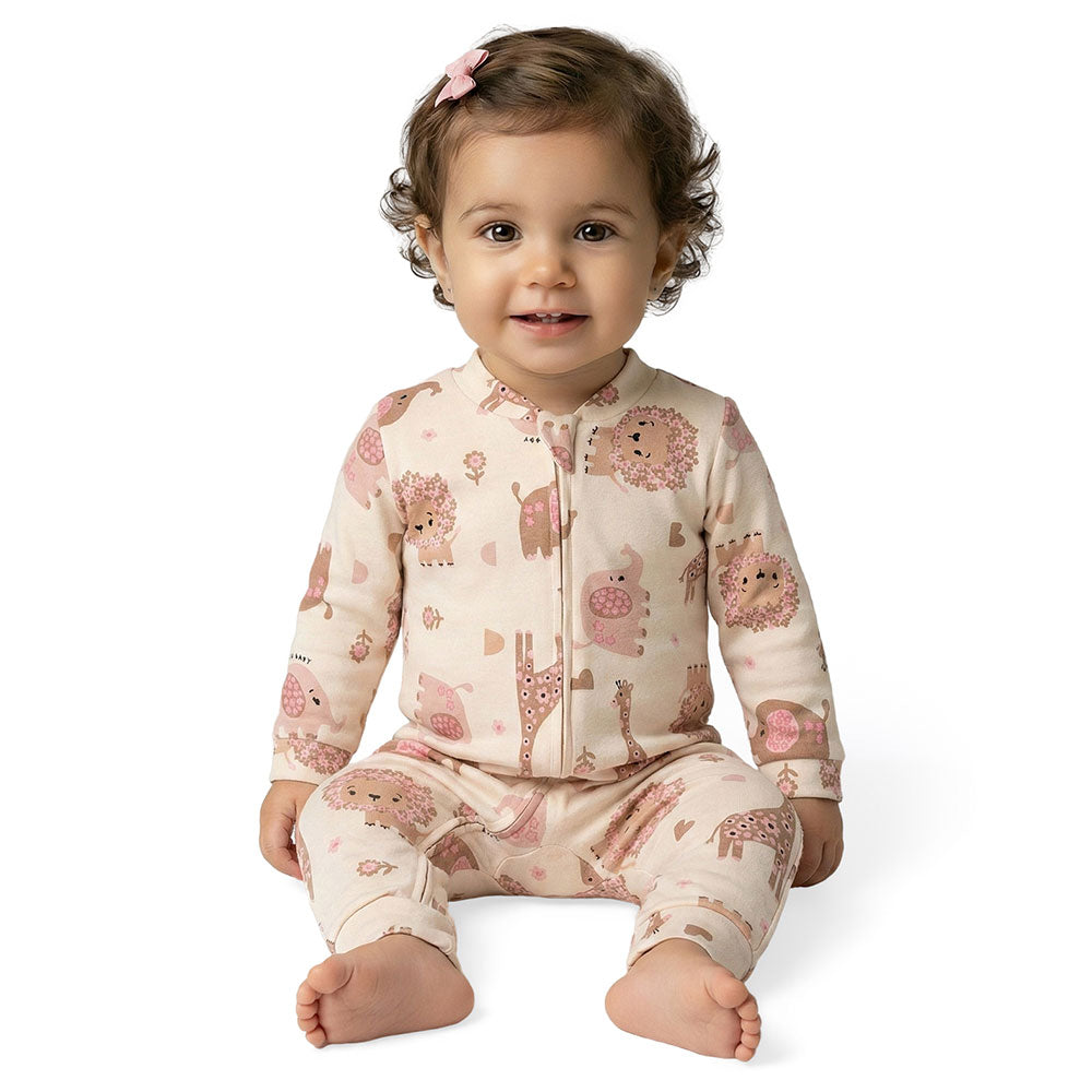 Macacão Bebê Menina Suedine Safári Flores Zíper - Kiko Baby