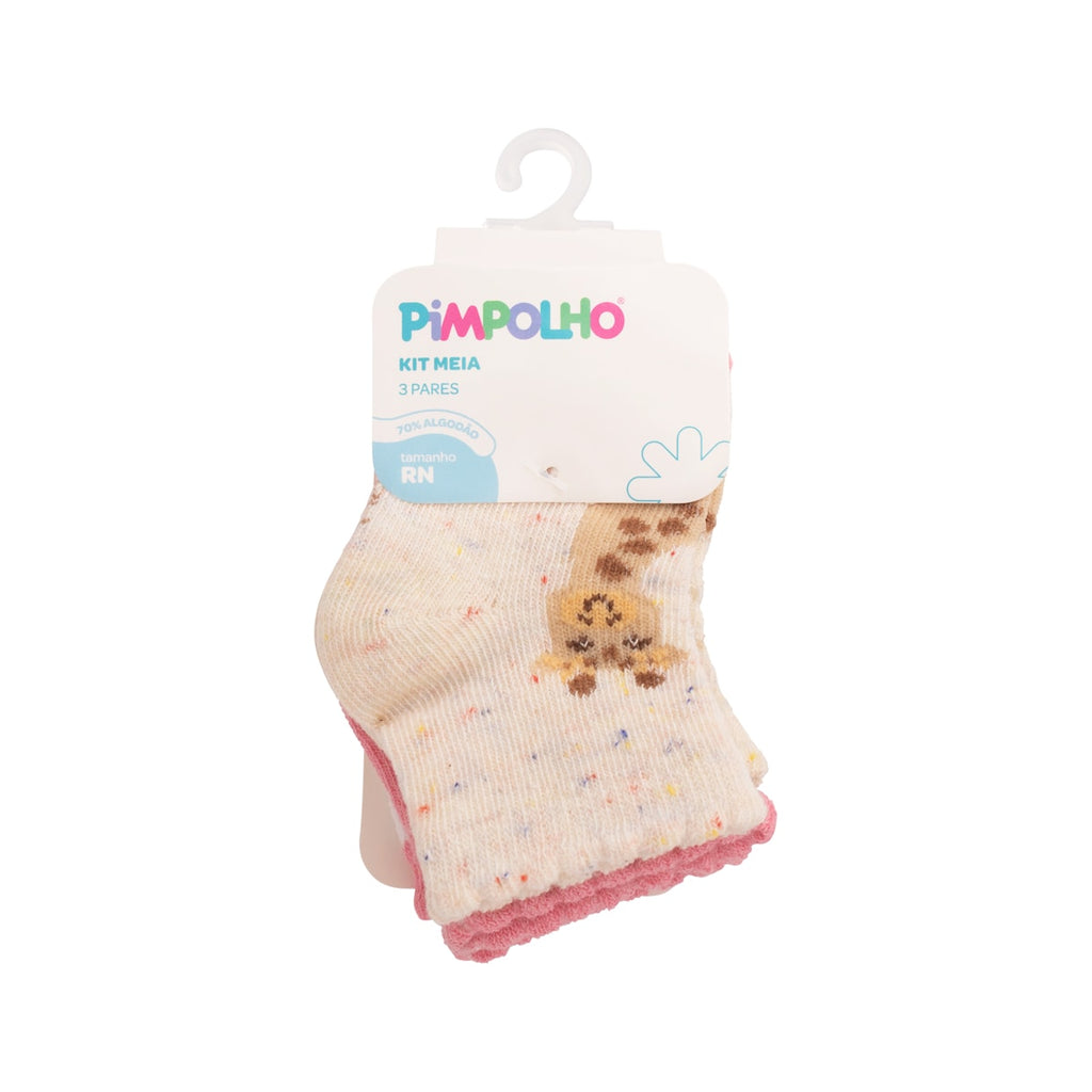 Kit 3 Pares Meia Cano Médio Bebê Menina RN Girafa - Pimpolho