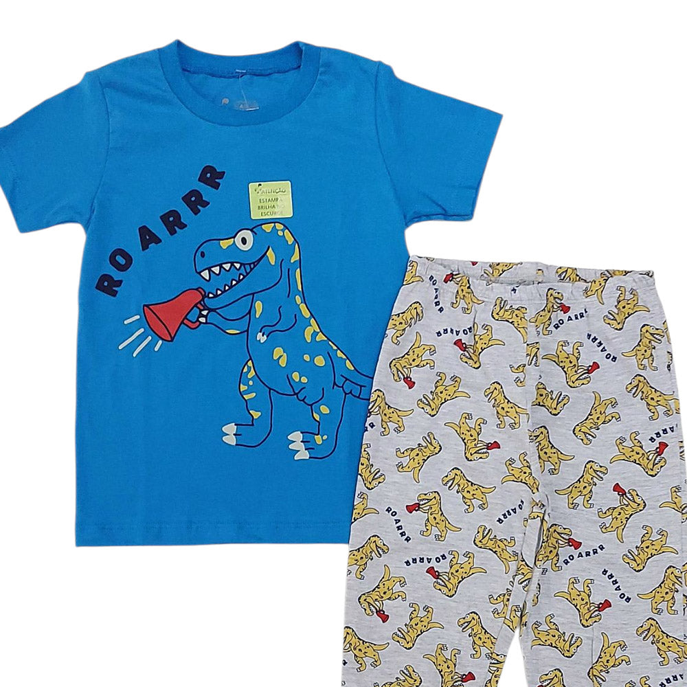 Pijama Infantil Menino Meia Malha Brilha no Escuro Azul Dino - Have Fun