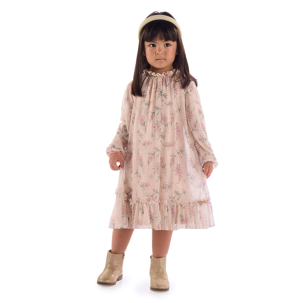 Vestido Infantil Manga Longa Floral Tule - Kiki Xodó
