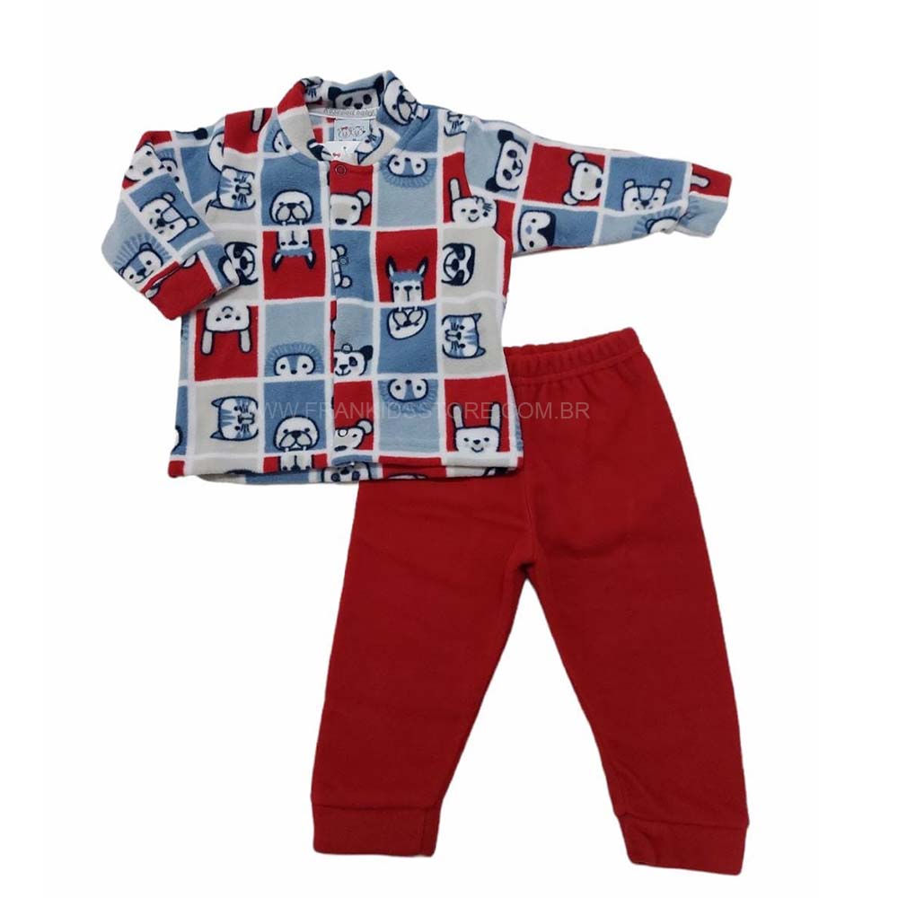 Pijama Soft Com Abertura Frontal Azul e Vermelho Bichinhos - Rosebud
