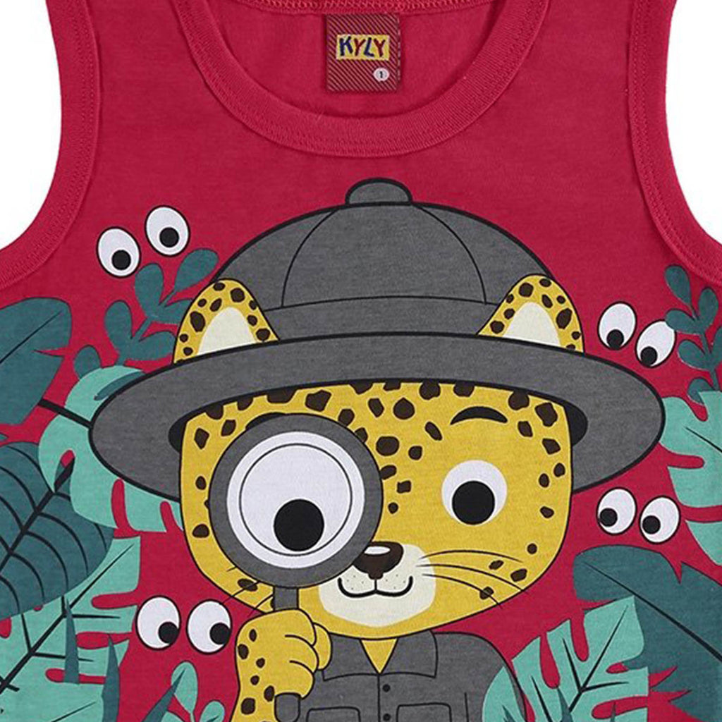 Regata Menino Estampada Tigre e Folhagens Vermelho - Kyly