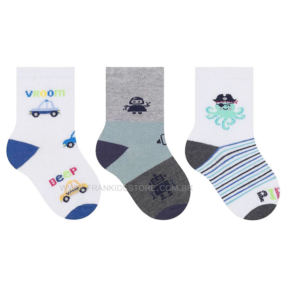 Kit 3 Pares Meia Cano Médio Bebê Menino Polvo - Selene