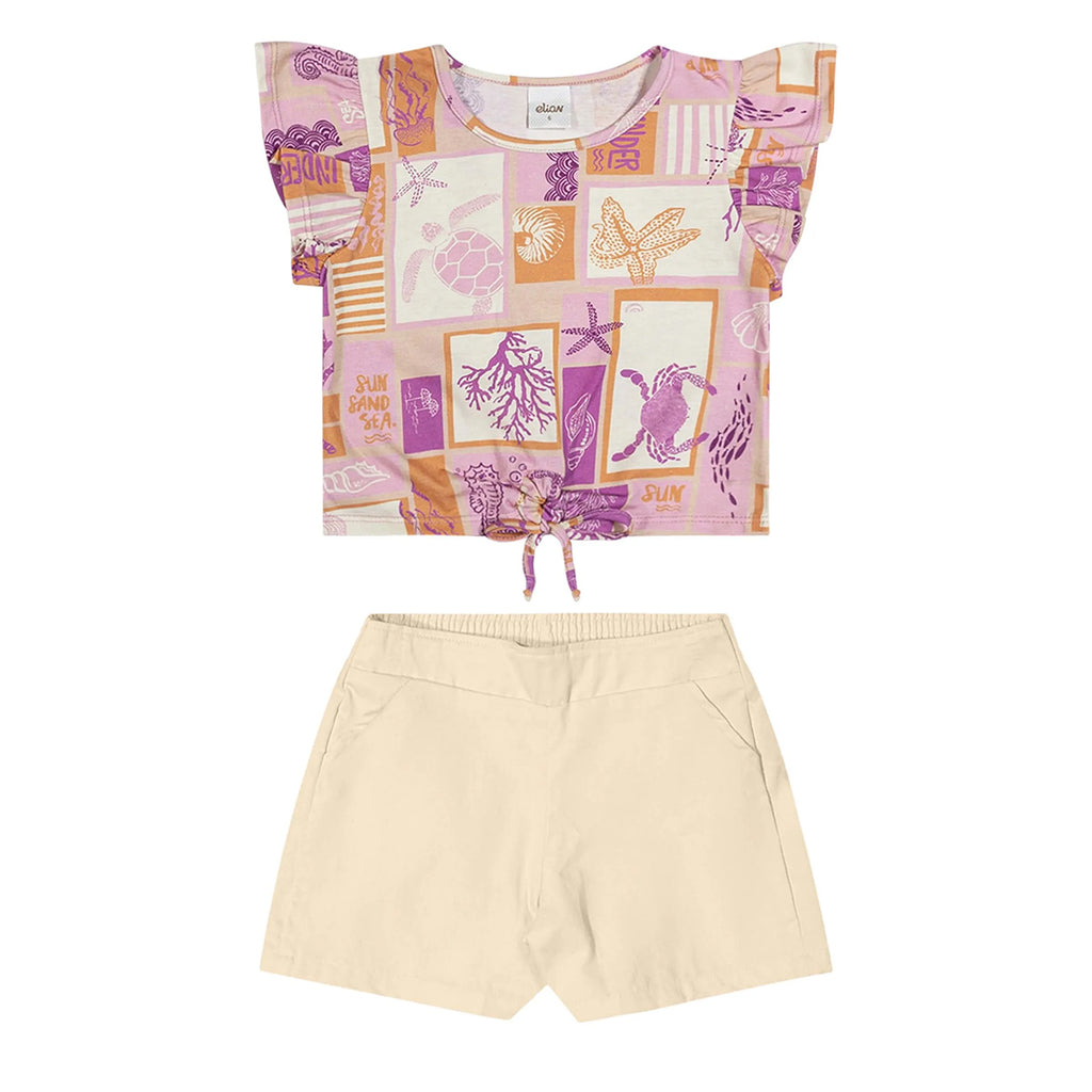 Conjunto Infantil Menina Verão Blusa e Short Sarja - Elian