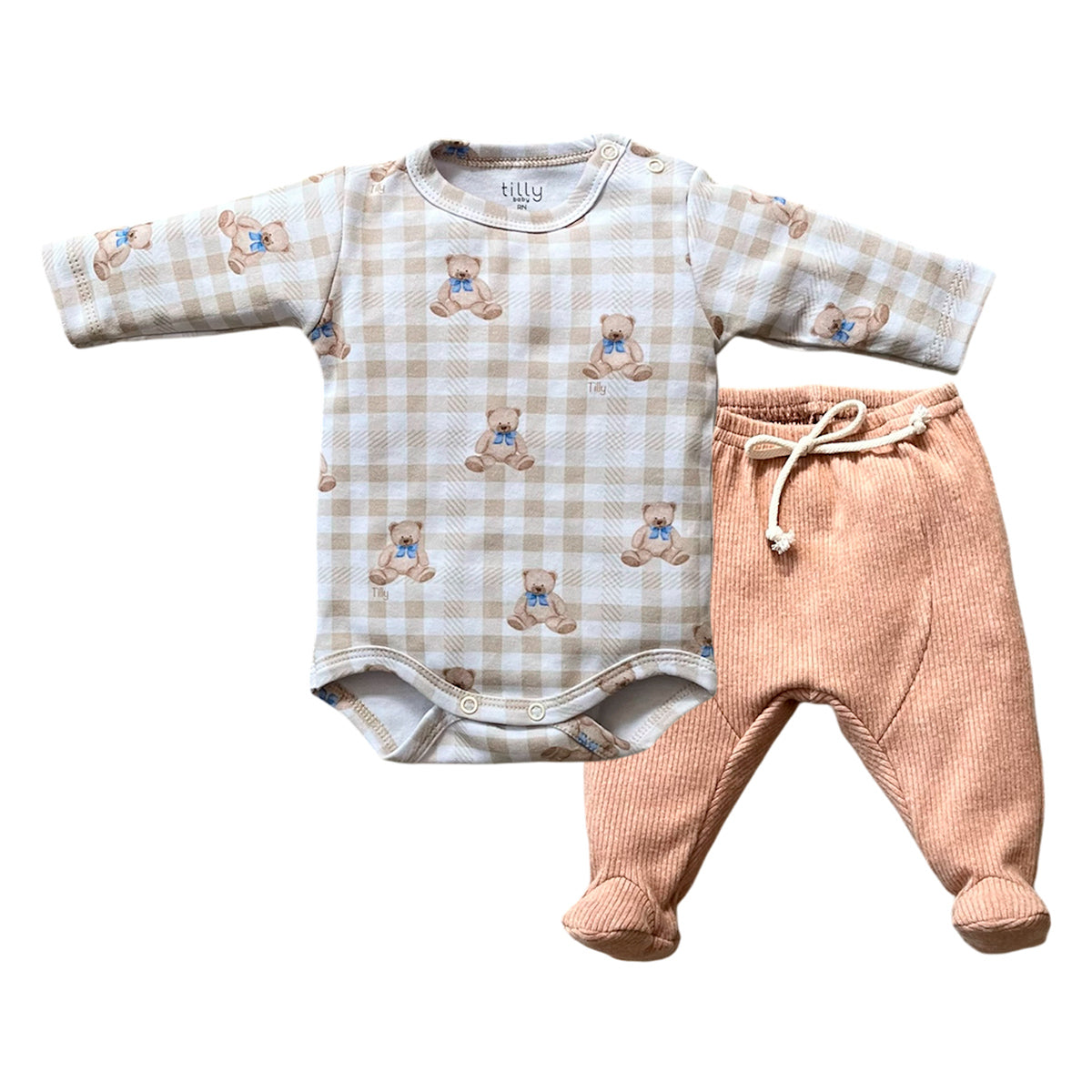 Conjunto Body Manga Longa e Calça Urso Xadrez - Tilly Baby