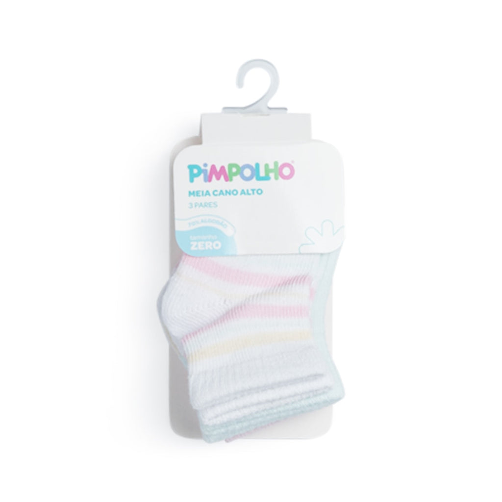 Kit 3 Pares Meia Cano Médio Bebê Menina Zero Listras - Pimpolho