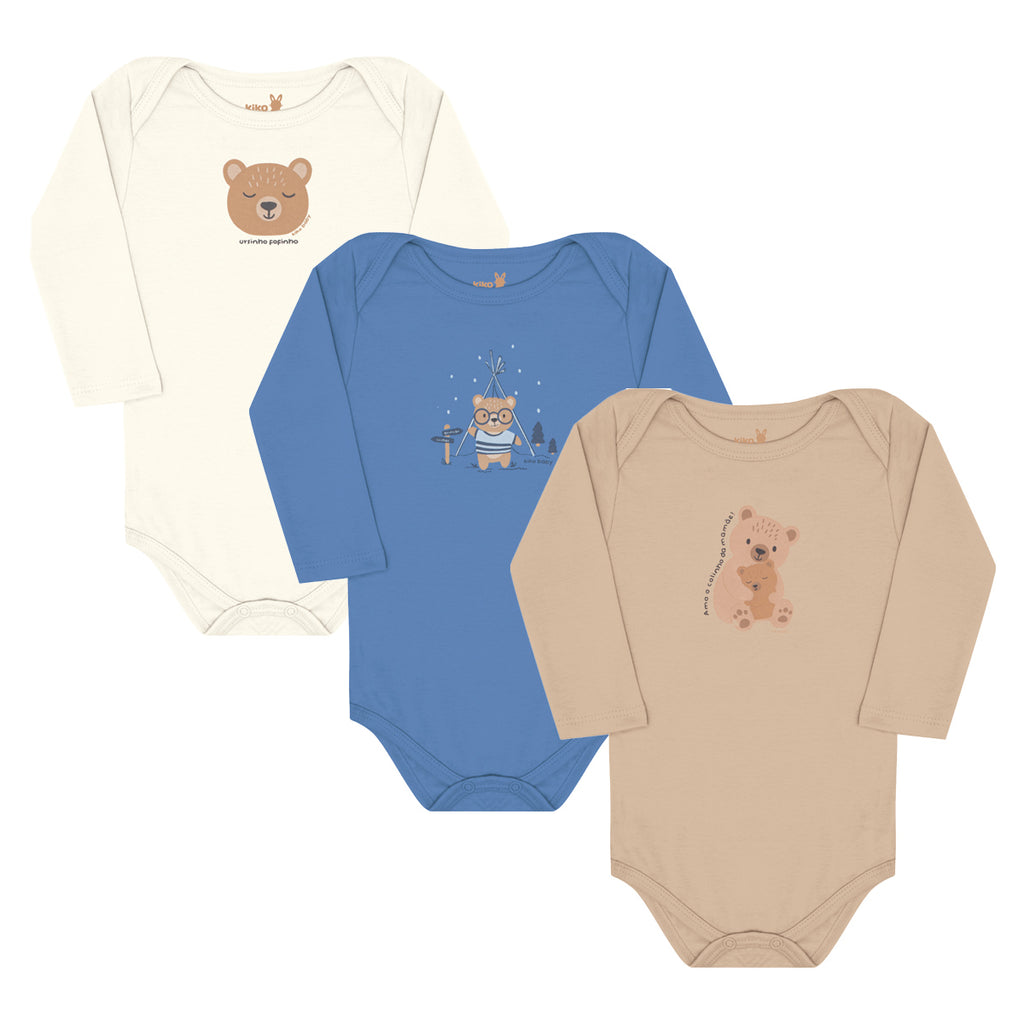 Body Manga Longa Bebê Menino em Suedine Urso - Kiko Baby