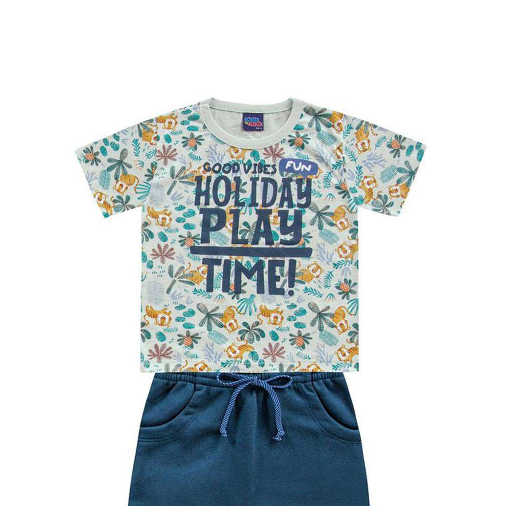 Conjunto Camiseta Meia Malha e Bermuda Moletom Azul - Kiko e Kika