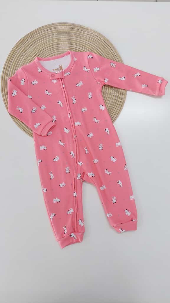 Macacão Bebê em Suedine C/ Zíper Coelhos - Kiko Baby
