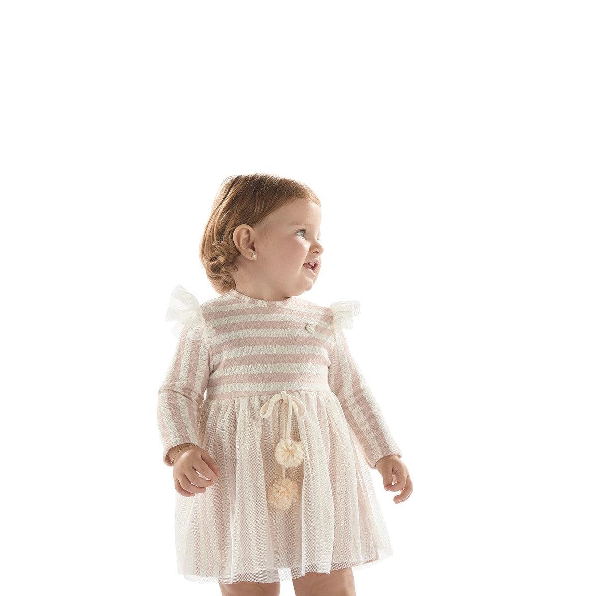 Vestido Bebê Manga Longa Malha Listrada e Tule - Kiki Xodó