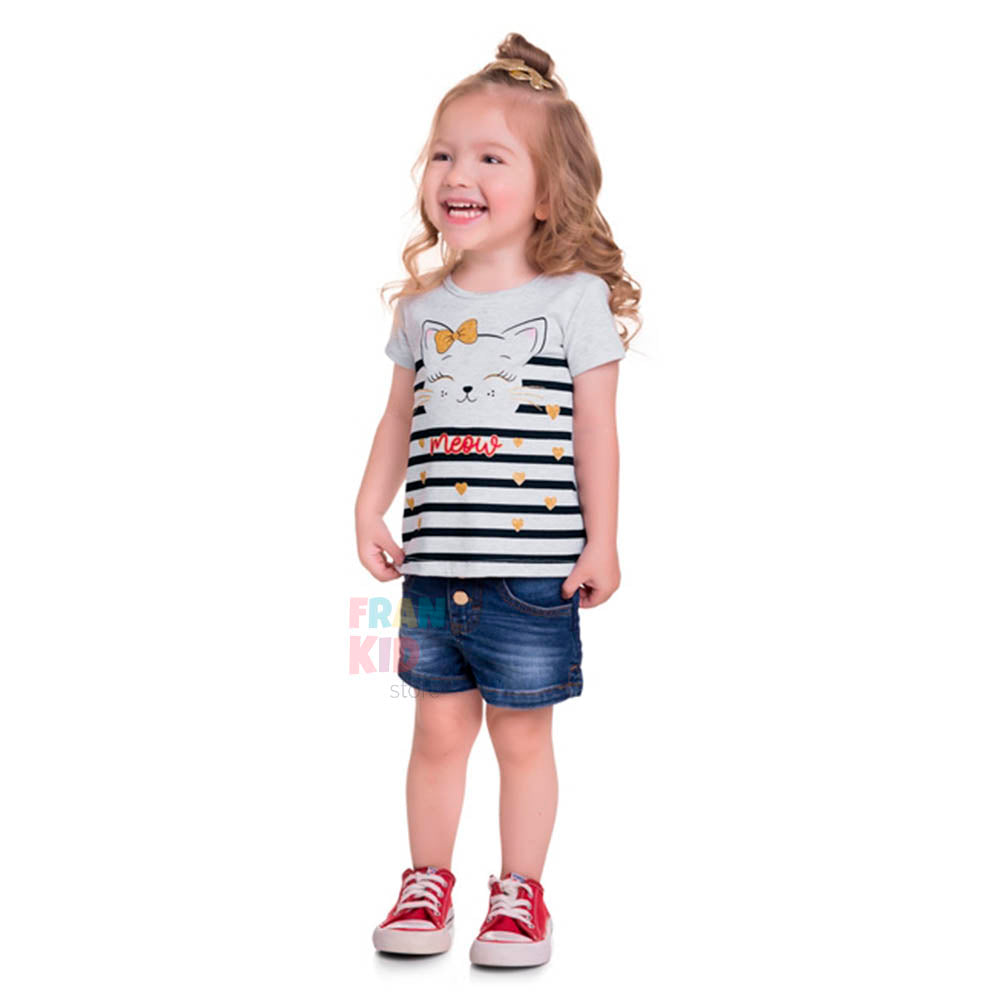 Blusa Infantil Menina Cinza Claro Gato - Kyly