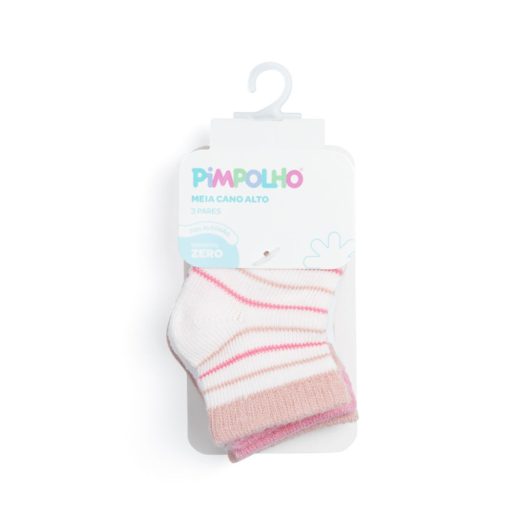 Kit 3 Pares Meia Cano Médio Bebê Menina Zero Flores - Pimpolho
