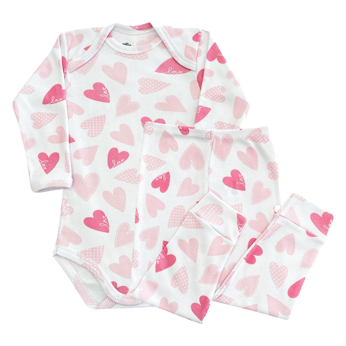 Conjunto Pijama Canelado Body e Calça Corações Grande - Odicon