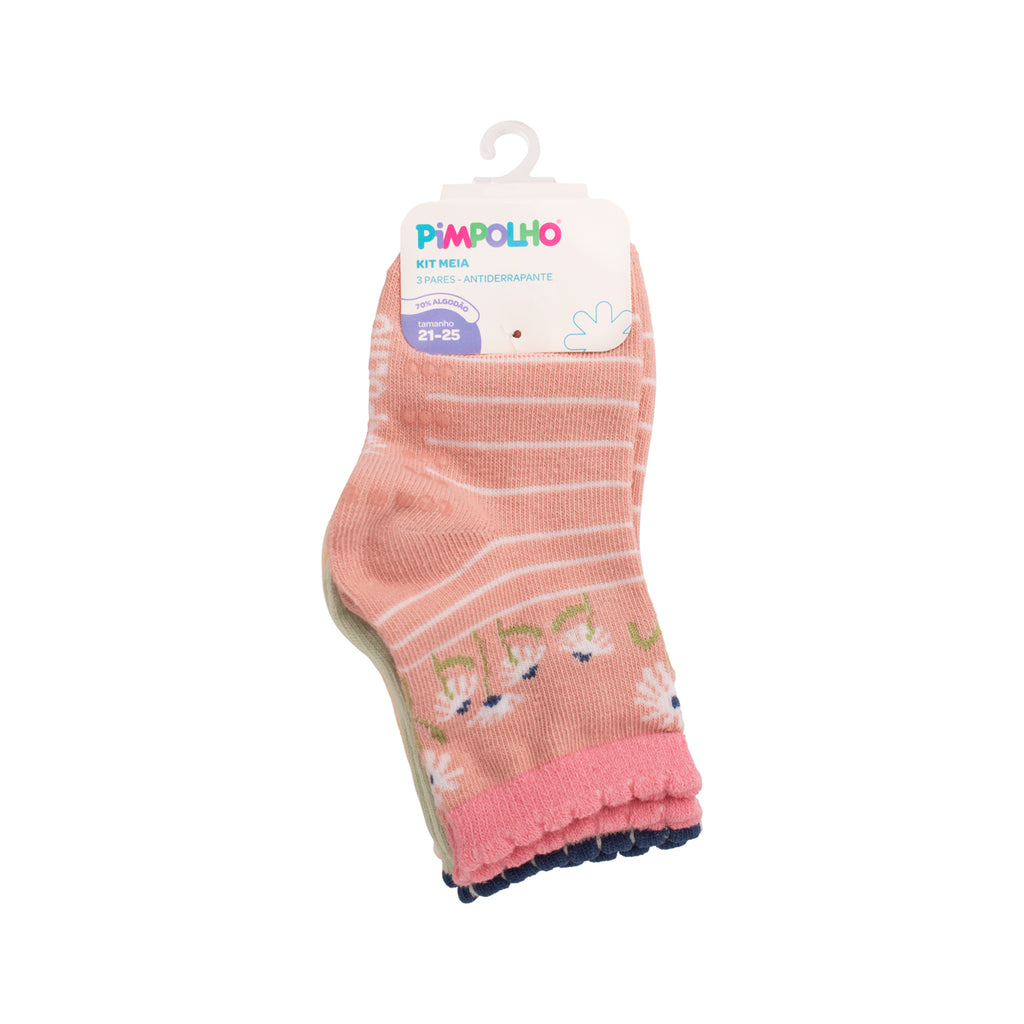 Kit 3 Pares Meia Antiderrapante Menina 21-25 Flores - Pimpolho