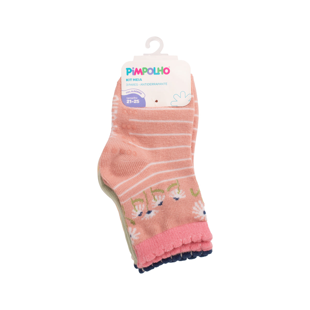 Kit 3 Pares Meia Antiderrapante Menina 21-25 Flores - Pimpolho