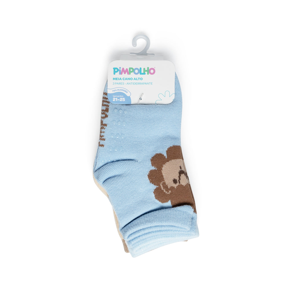 Kit 3 Pares Meia Antiderrapante Menino 21-25 Leão - Pimpolho