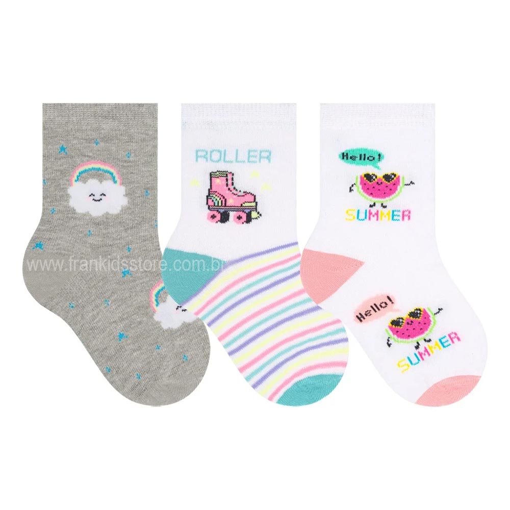 Kit 3 Pares Meia Cano Médio Bebê Menina Roller - Selene