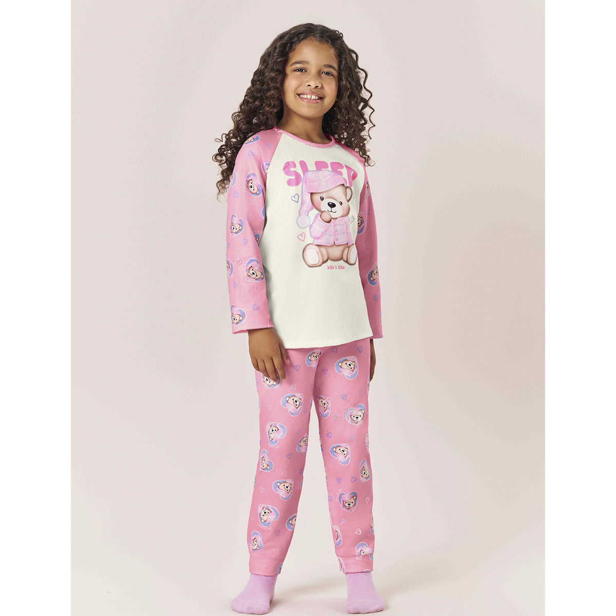 Pijama Infantil Menina em Malha Peluciada Urso - Kiko e Kika