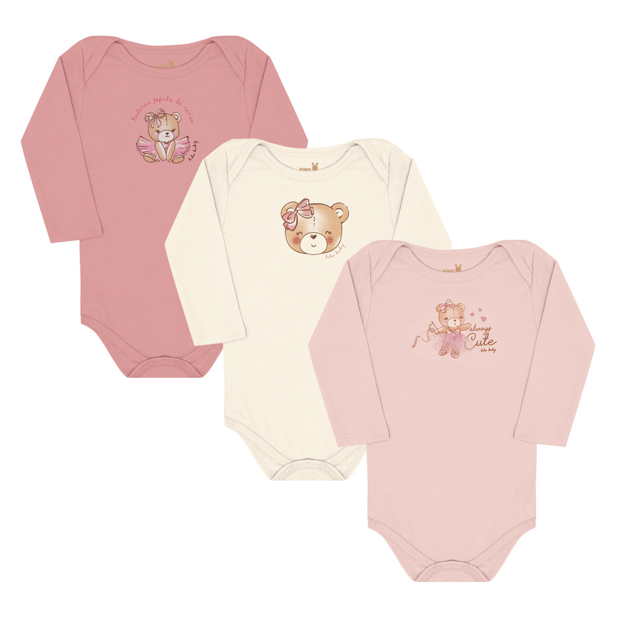 Body Manga Longa Bebê Menina Suedine Ursinha - Kiko Baby