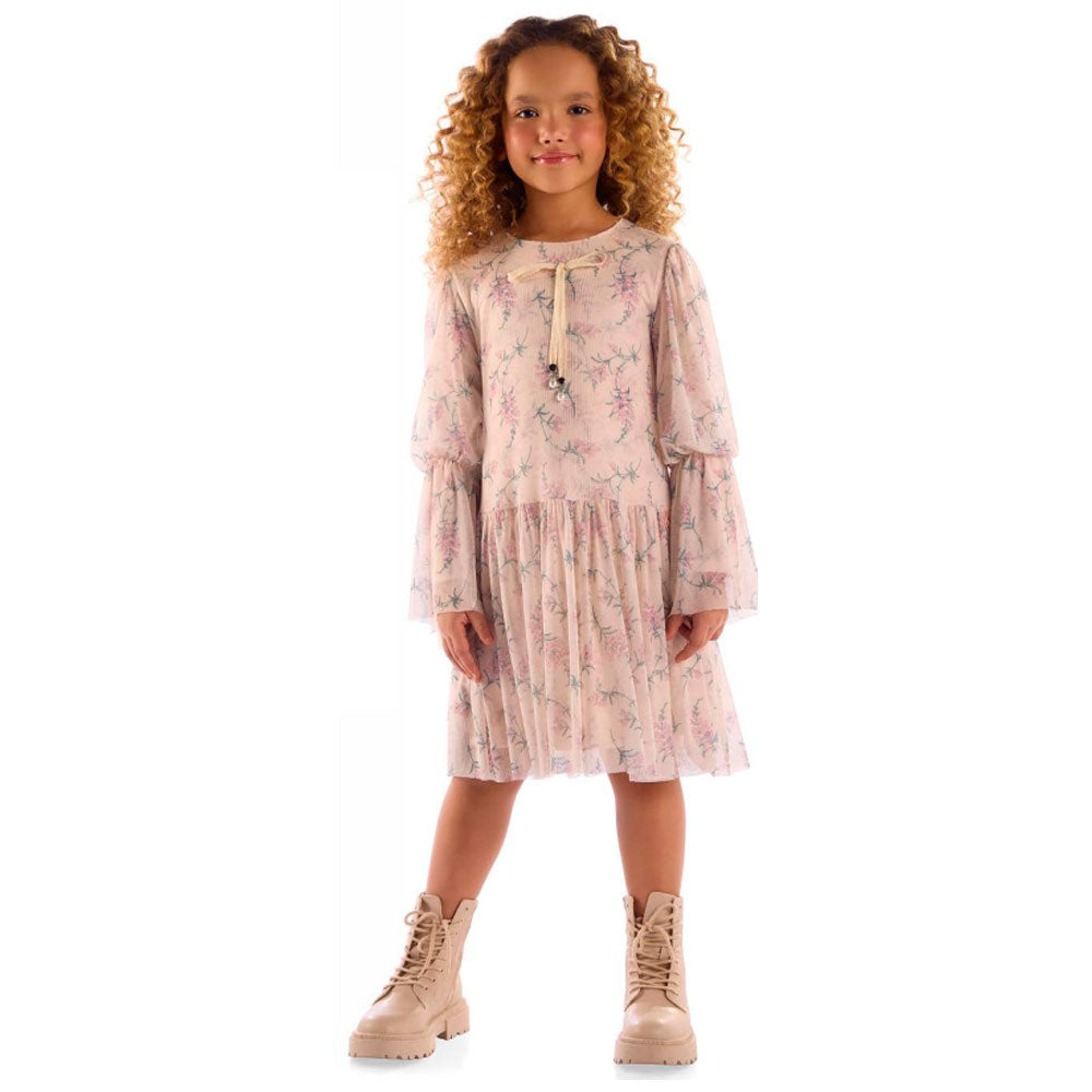 Vestido Infantil  Manga Longa Floral Tule - Kiki Xodó