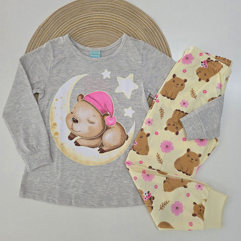 Pijama Menina em Meia Malha Brilha no Escuro Capivara - Kyly